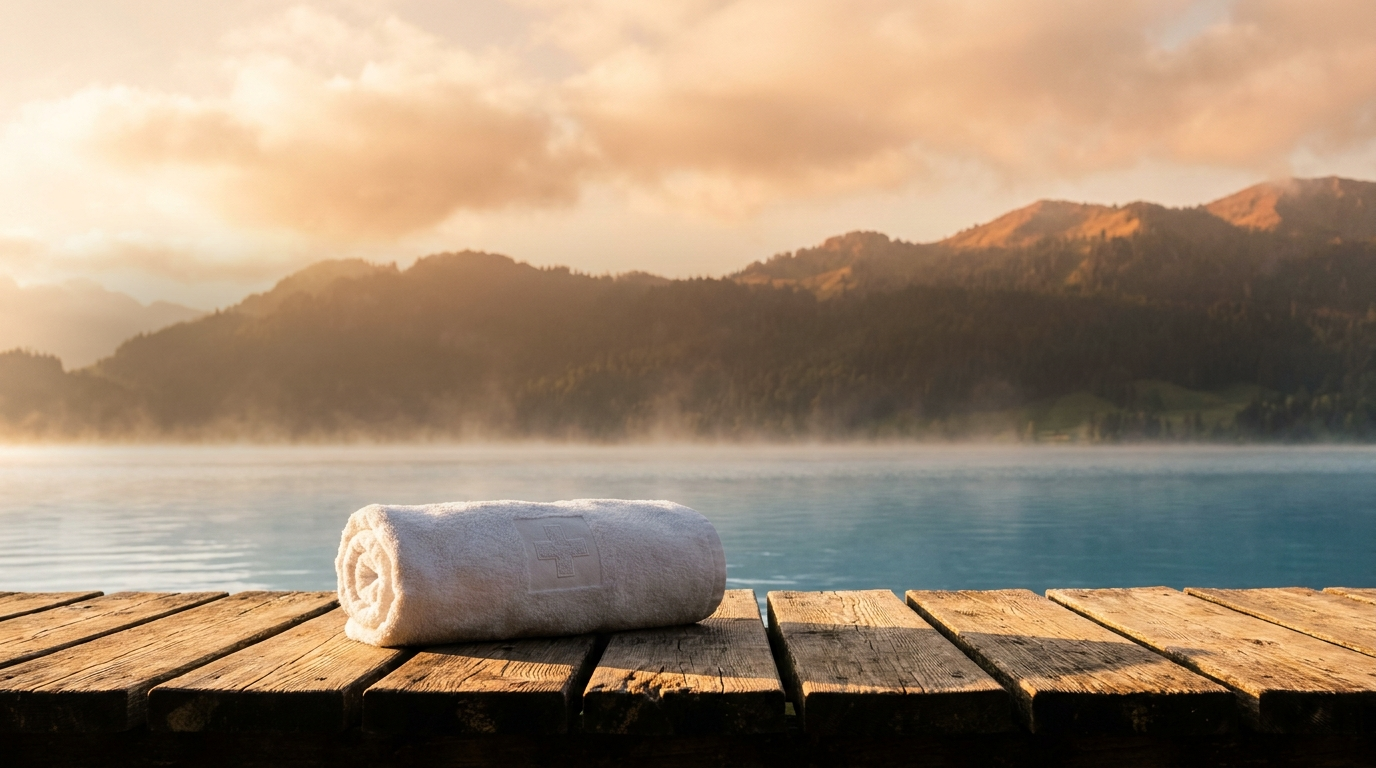 Badmeister Badehosen — Goldenes Morgenlicht am Alpensee mit zentriertem Schweizer Badetuch und warmen Wolken