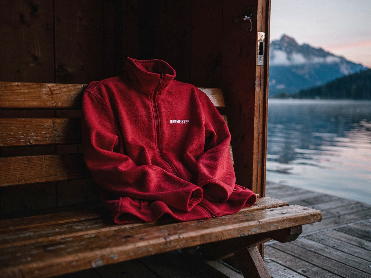Badmeister Fleecejacke rot drapiert auf einer Holzbank in einem Schweizer Bootshaus mit Blick auf Alpensee und Berge in der Dämmerung